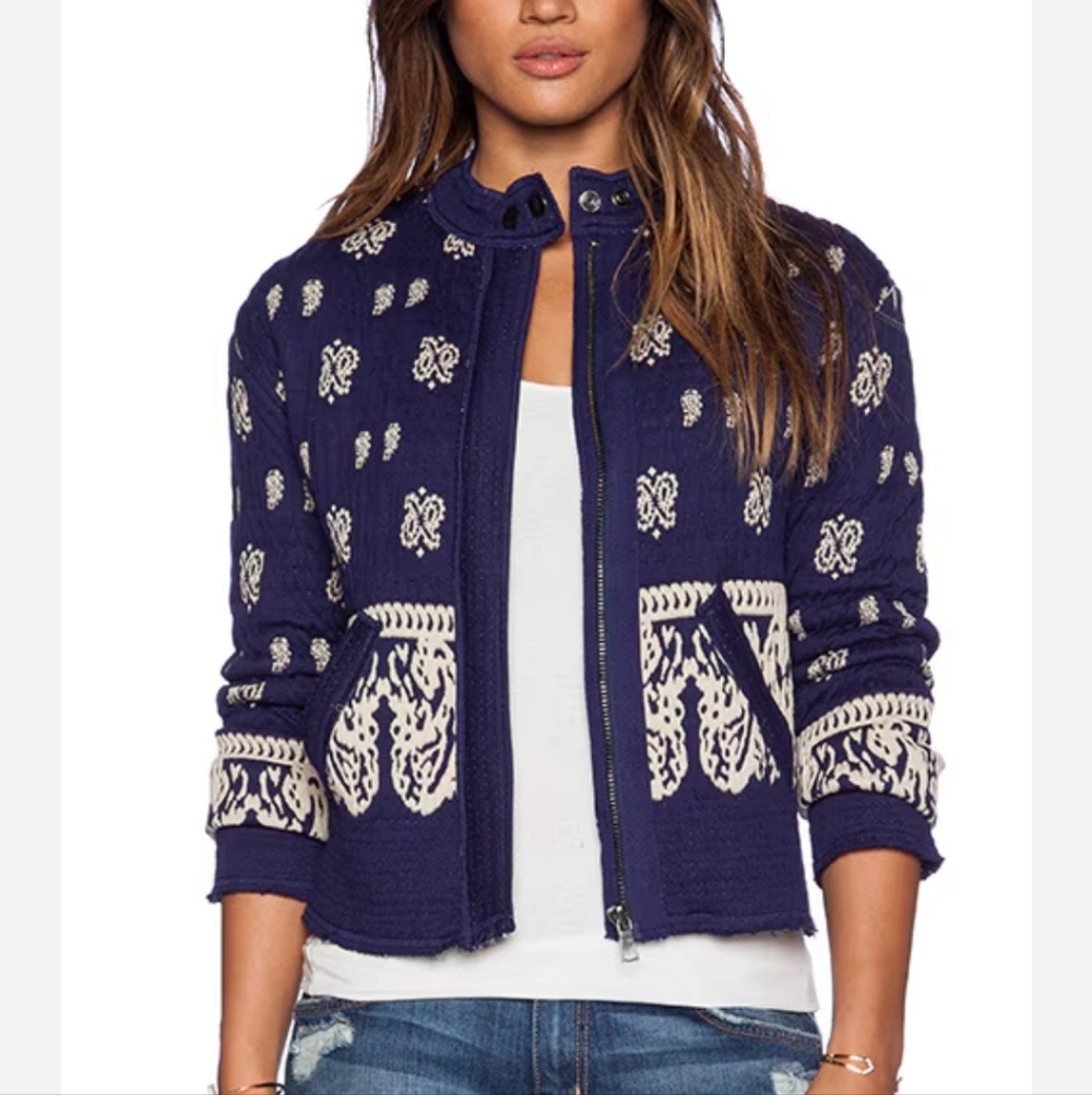 Free People Jacket Riviera Pattern Royal Blue Full Zip Front, Size SM/4